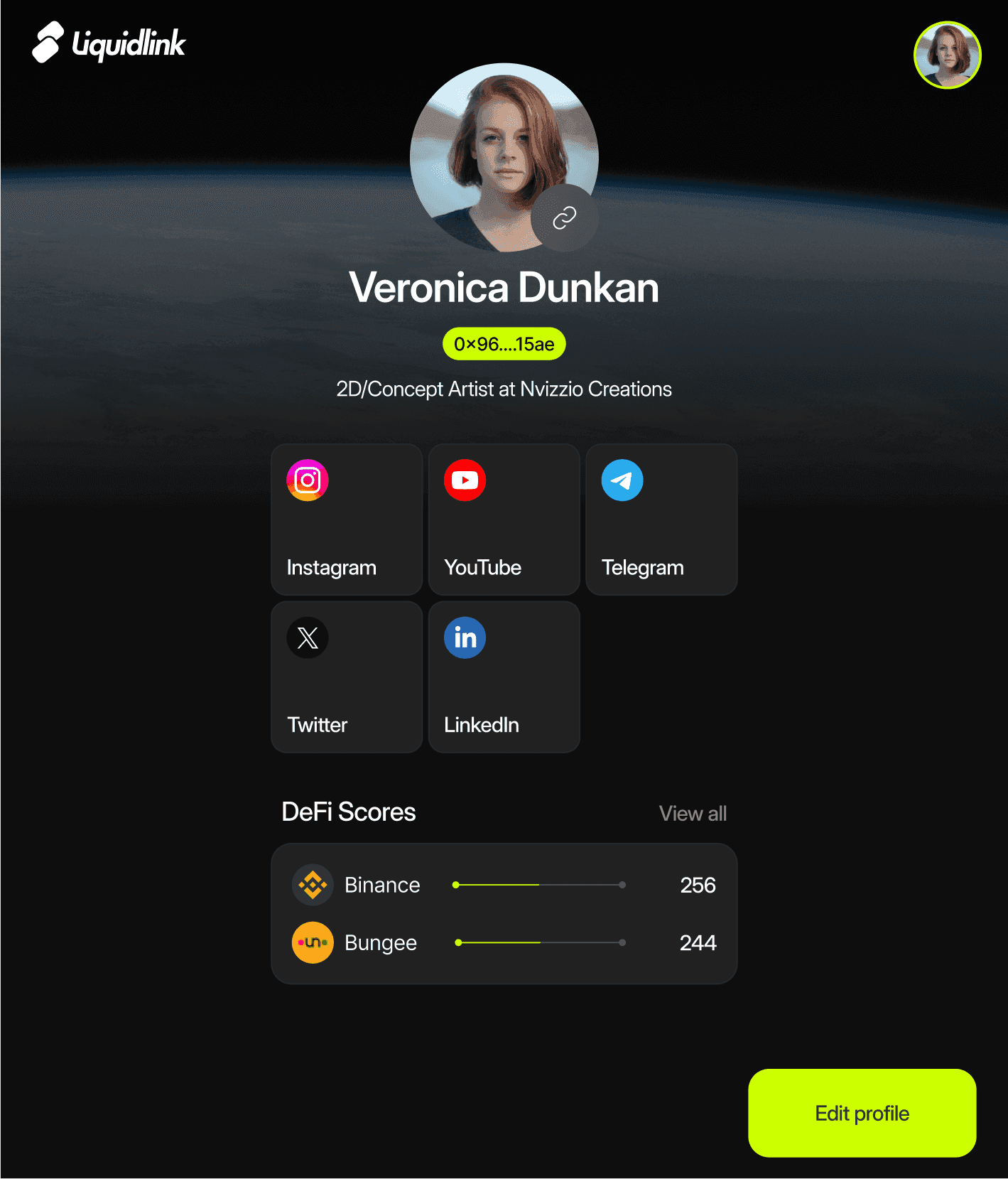 LiquidLink public profile with DeFi scores