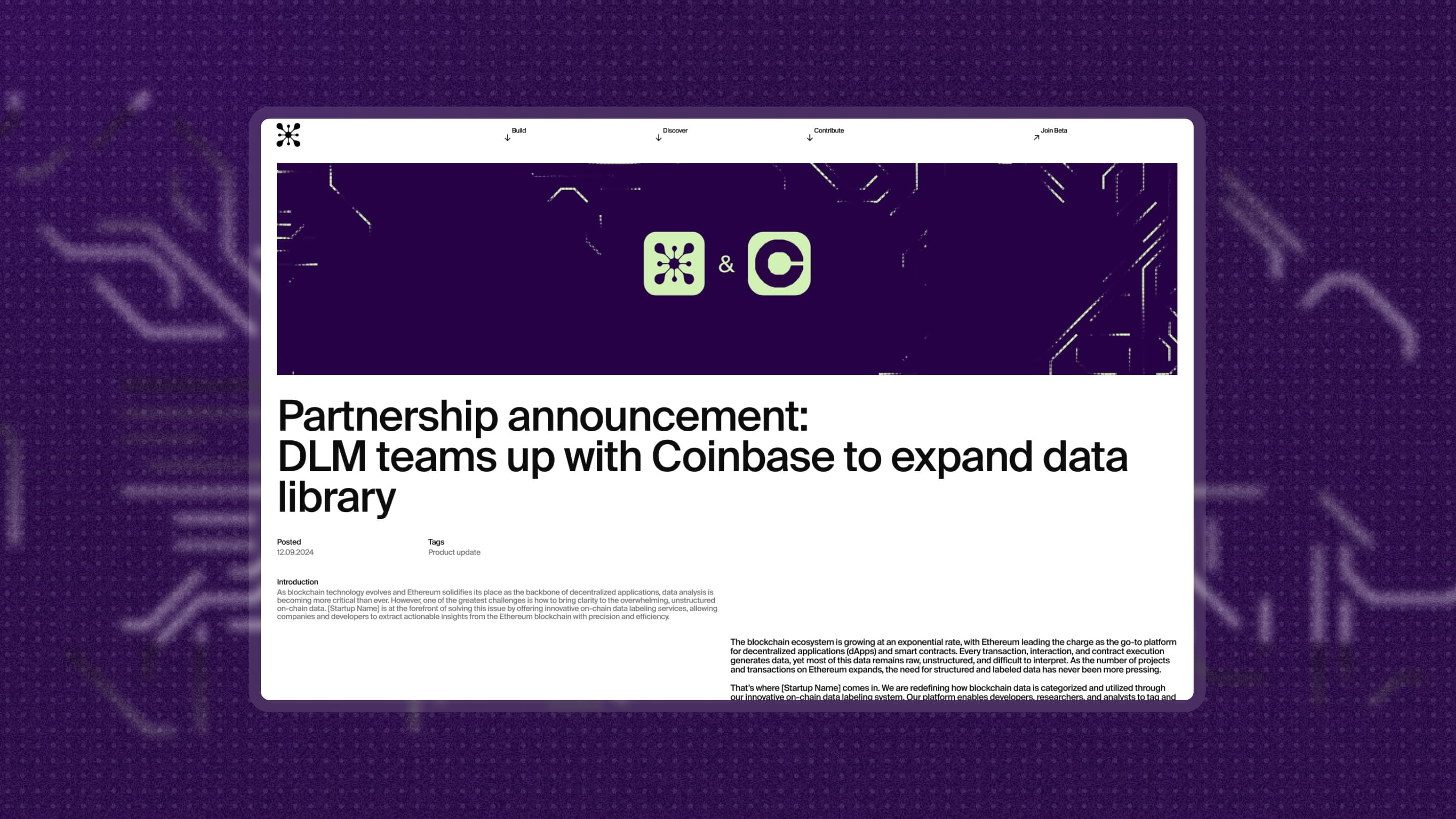DLM partnership announcement page: DLM teams up with Coinbase