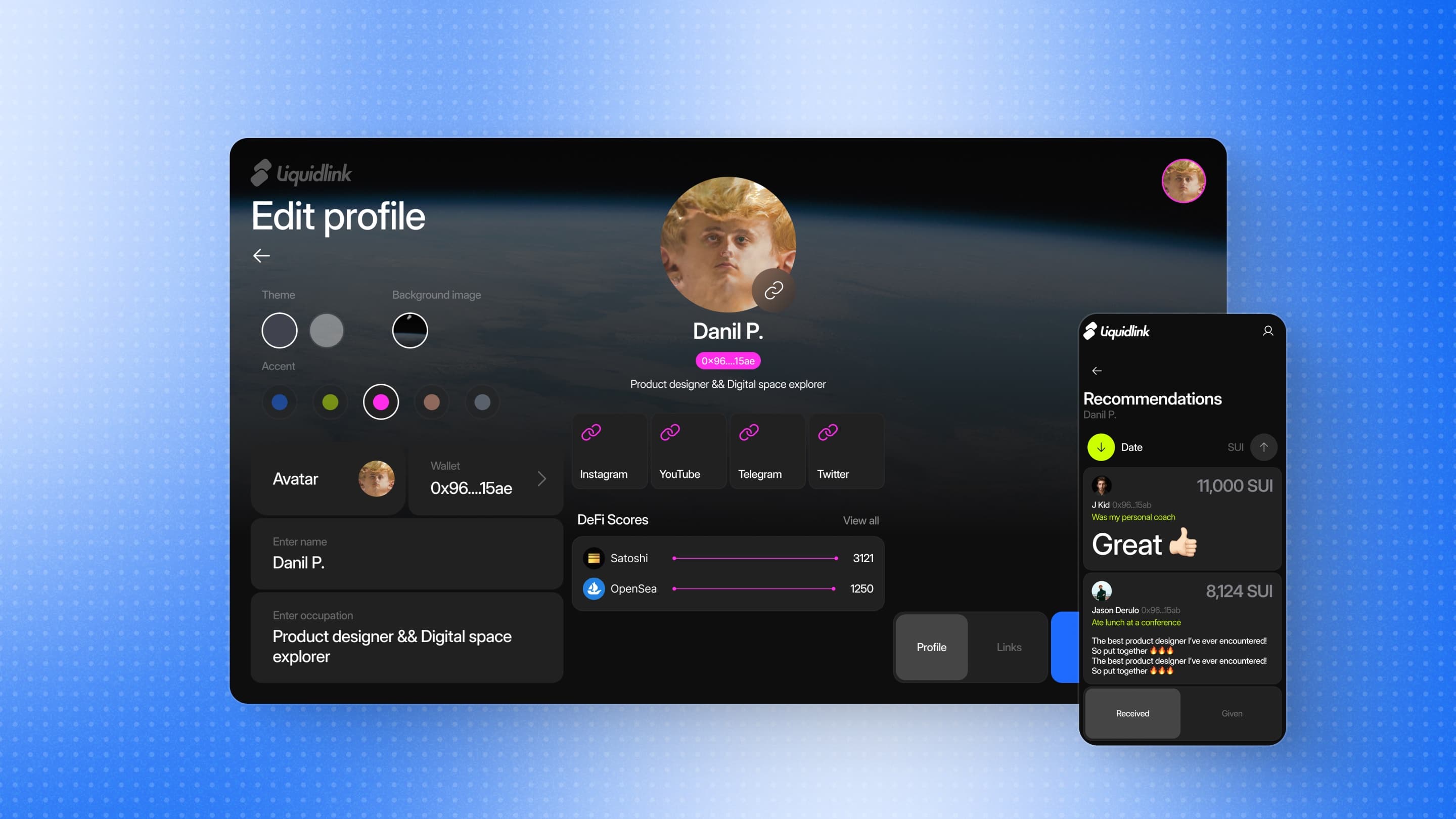 LiquidLink edit profile screen with recommendations on mobile