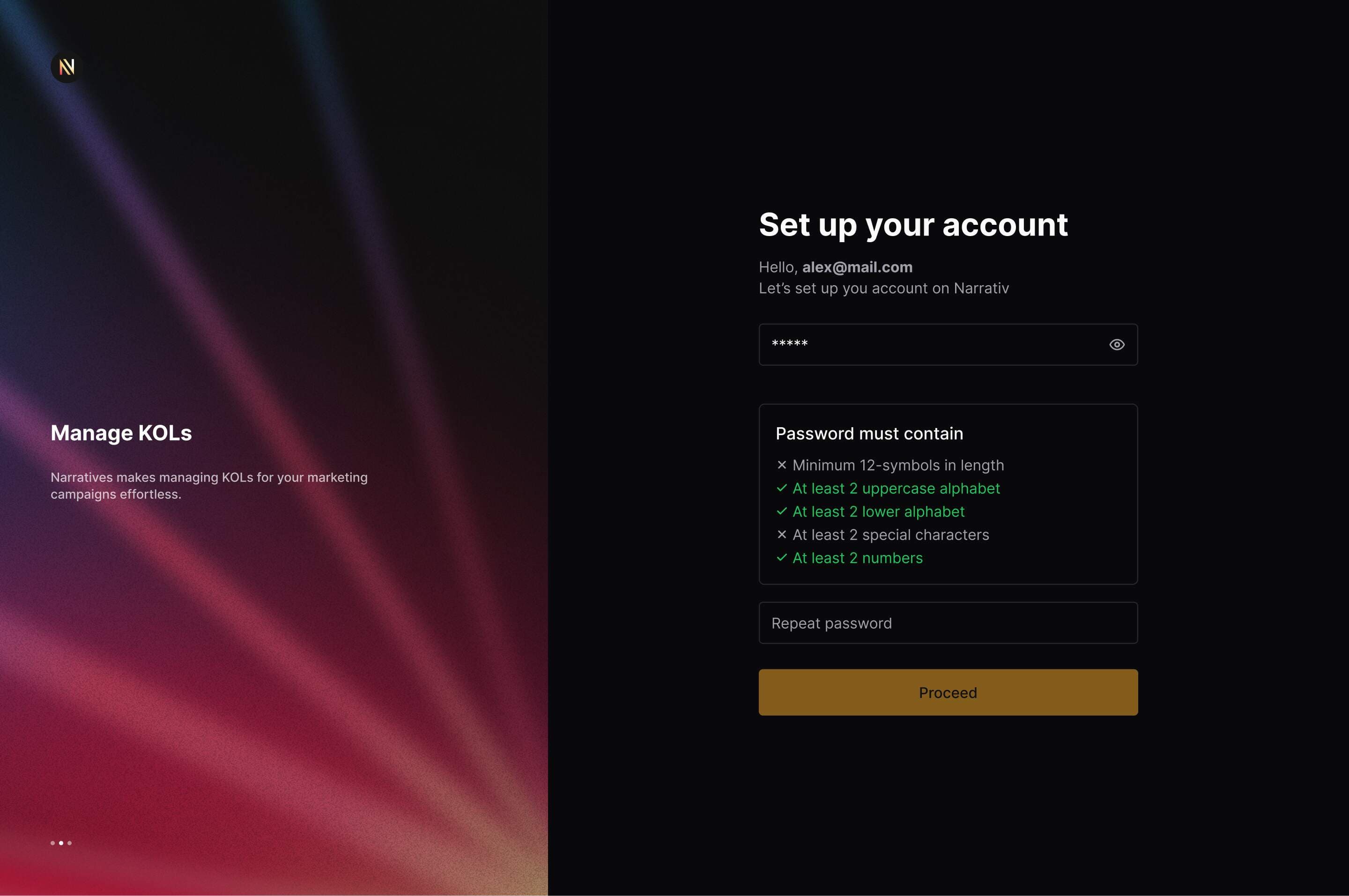 Narrativ account setup screen
