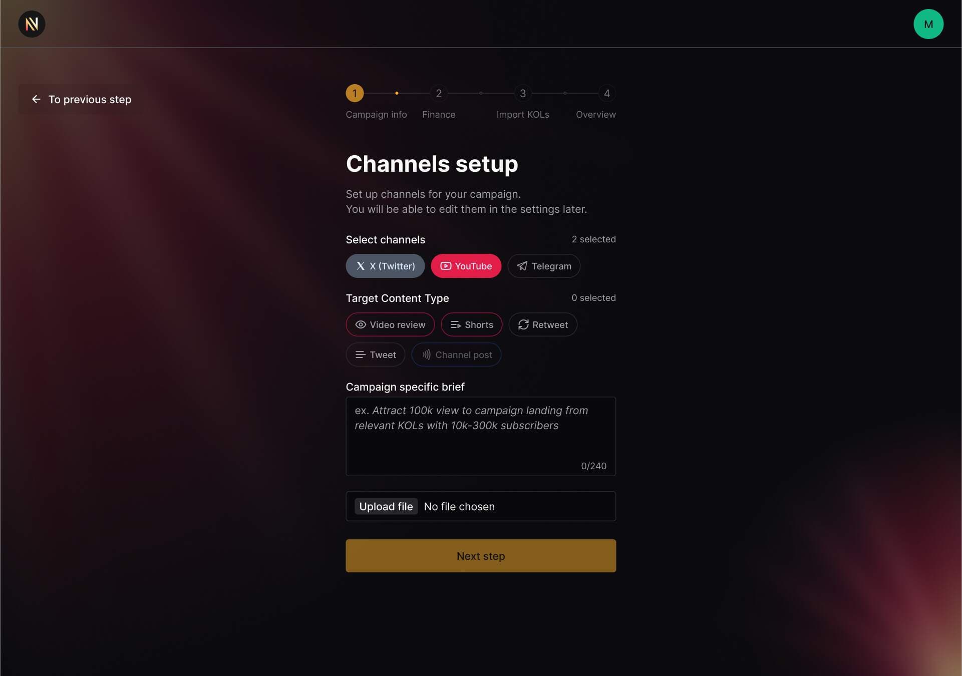 Narrativ channels setup step