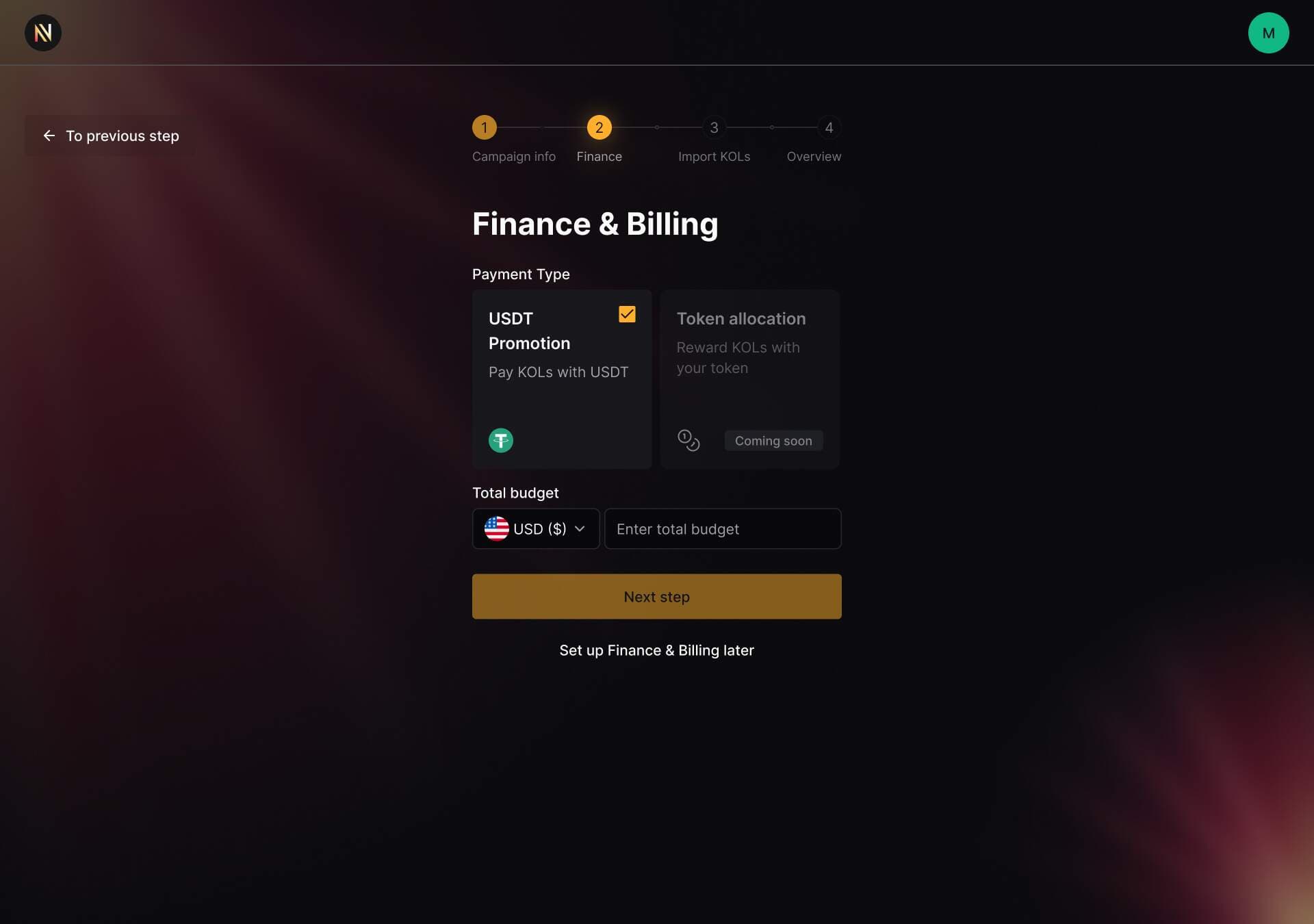 Narrativ finance and billing step