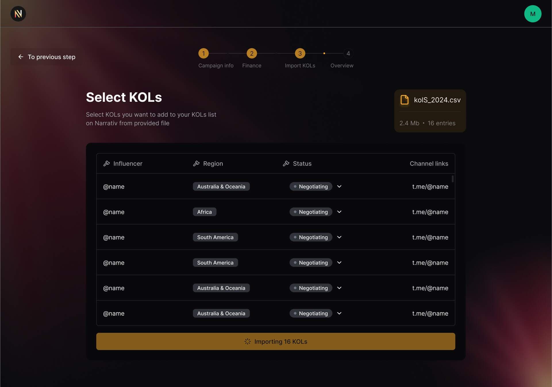 Narrativ select KOLs from imported CSV