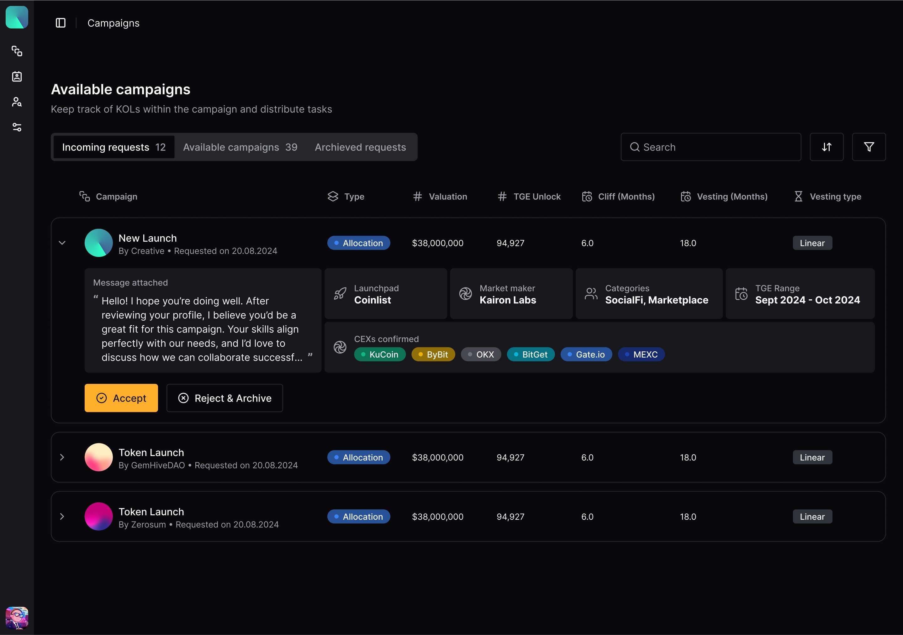 Narrativ available campaigns and incoming manager requests