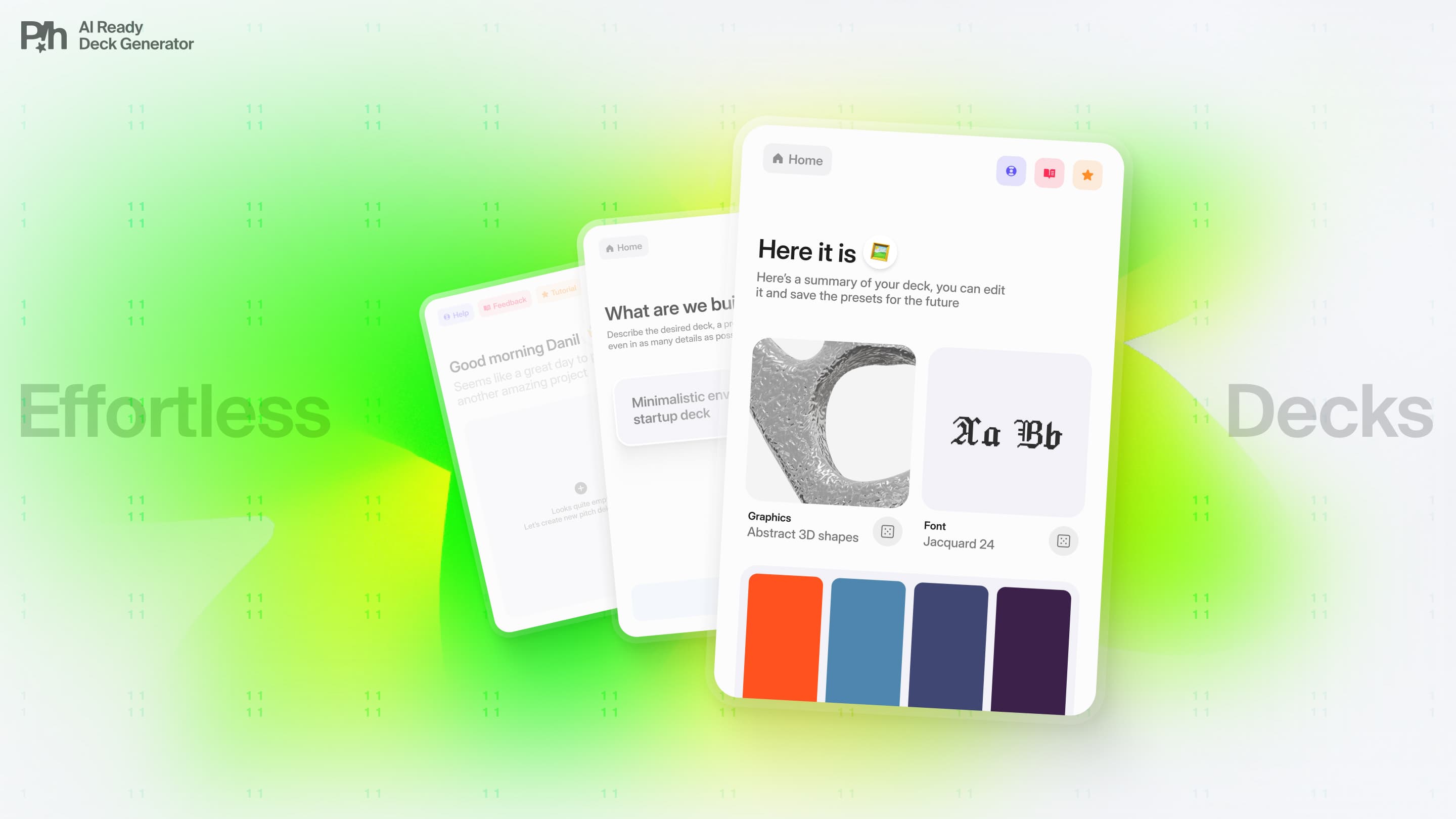 Pitchiro deck summary screen with generated graphics, font, and palette