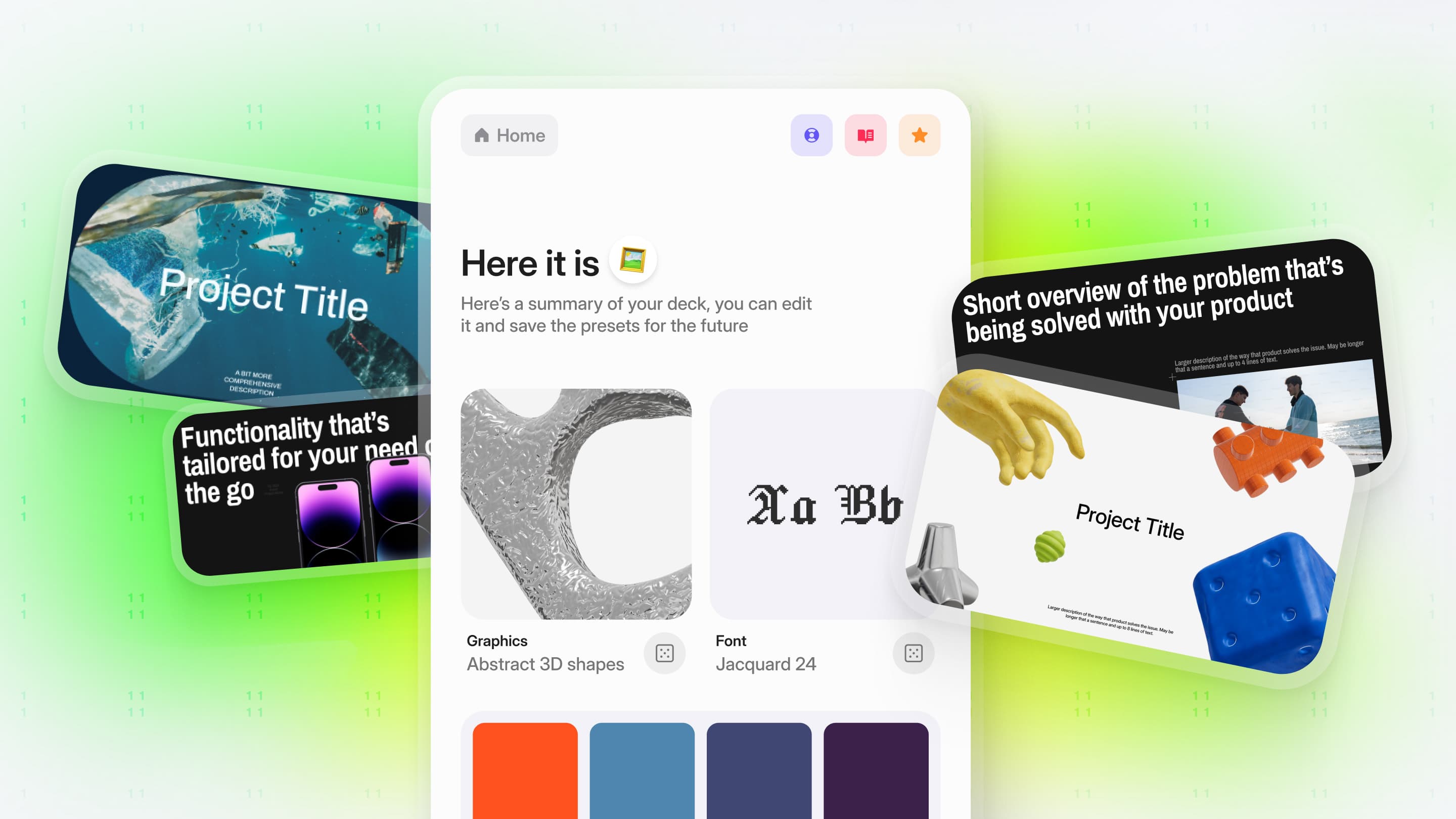 Pitchiro deck summary with generated graphics, font, palette, and slides