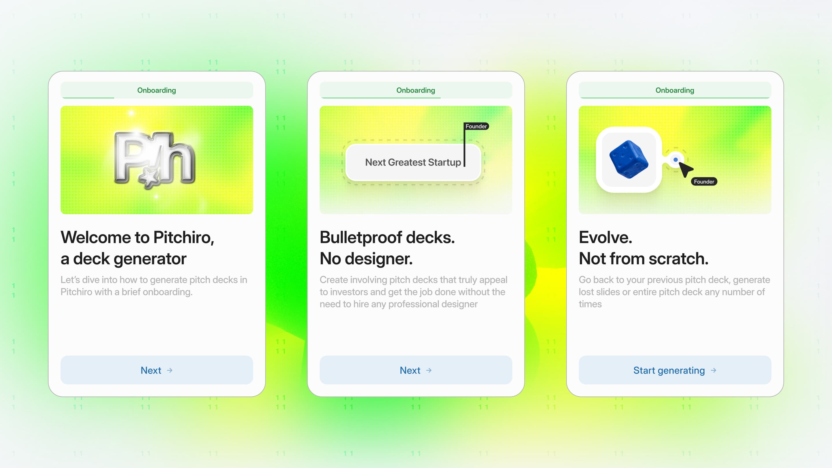 Pitchiro onboarding: Welcome to Pitchiro, Bulletproof decks. No designer., Evolve. Not from scratch.